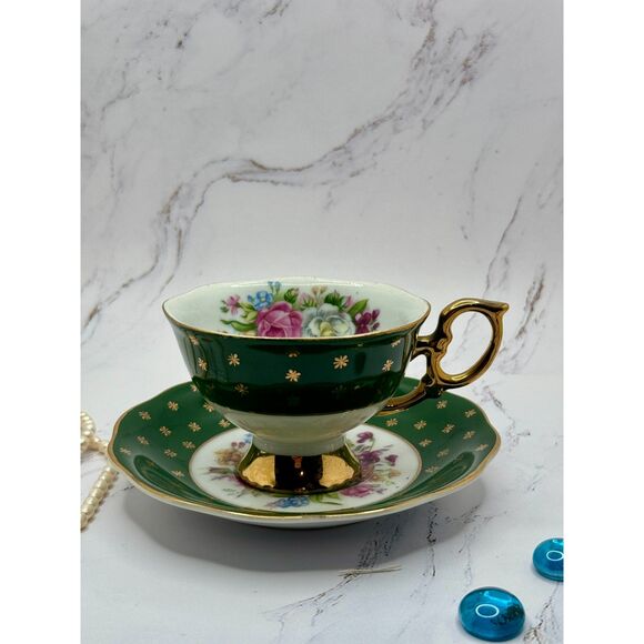 Shafford Japan Tea Cup & Saucer, vintage 1960s, Green with Gold, Floral Pattern - Picture 2 of 10